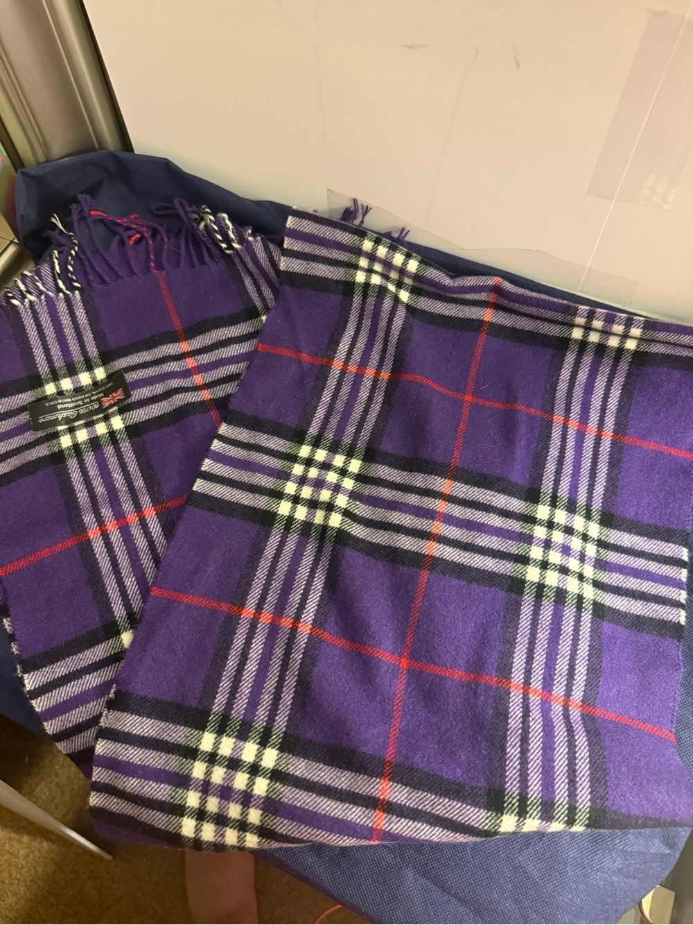100% Cashmere Plaid Scarf • Made in Scotland • Purple Tartan Fringe Scarf